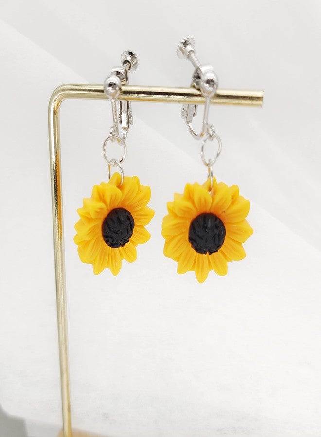 Modpide Resin Sunflower Clip on Earrings Sunflower Non Pierced Clip Earrings for Women(big-silver) - Image 2